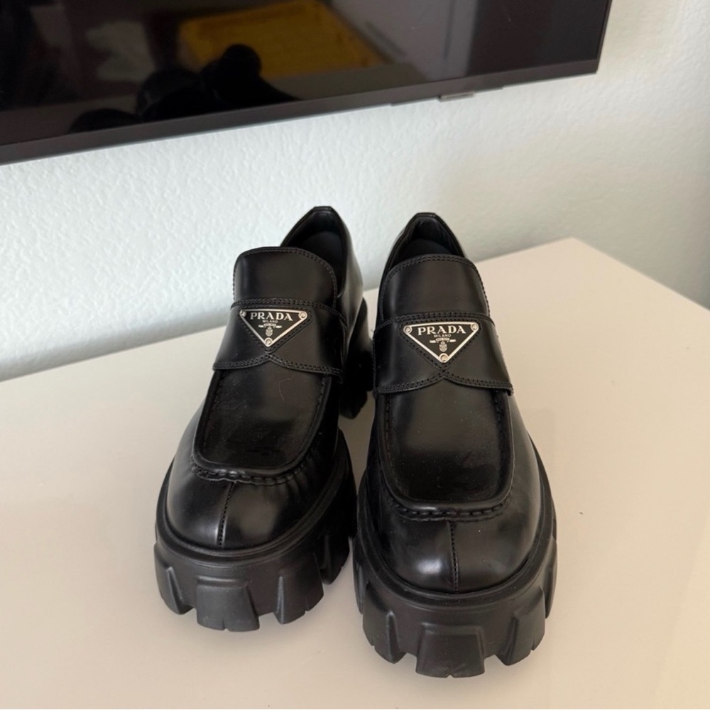 Prada Black Leather Platform Loafers